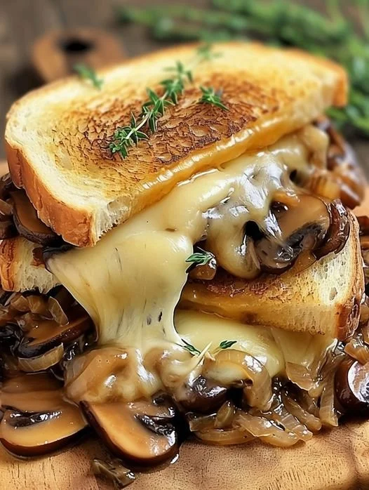 Gegrilde kaas met Goudse kaas, champignons en uien op een bord