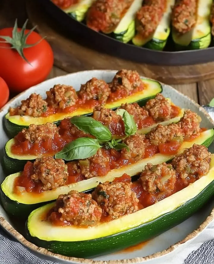 Gevulde courgette met gehakt en Napolitaanse saus op een prachtig bord.