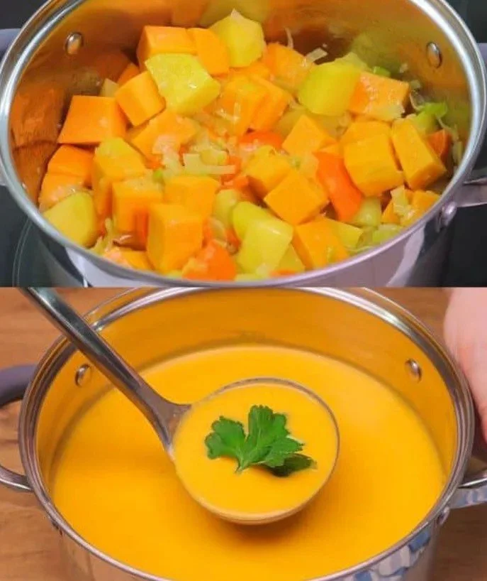 Heerlijke kom pompoensoep klaar om te serveren met verse kruiden