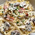 Romige Fettuccine Alfredo met bacon en champignons in een elegante serveerschaal.
