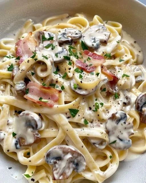 Romige Fettuccine Alfredo met bacon en champignons in een elegante serveerschaal.