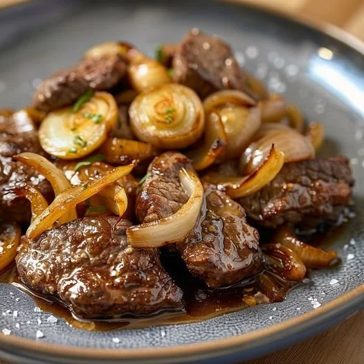 Rundvlees gesauteerd met uien en zoetzure saus op een bord.