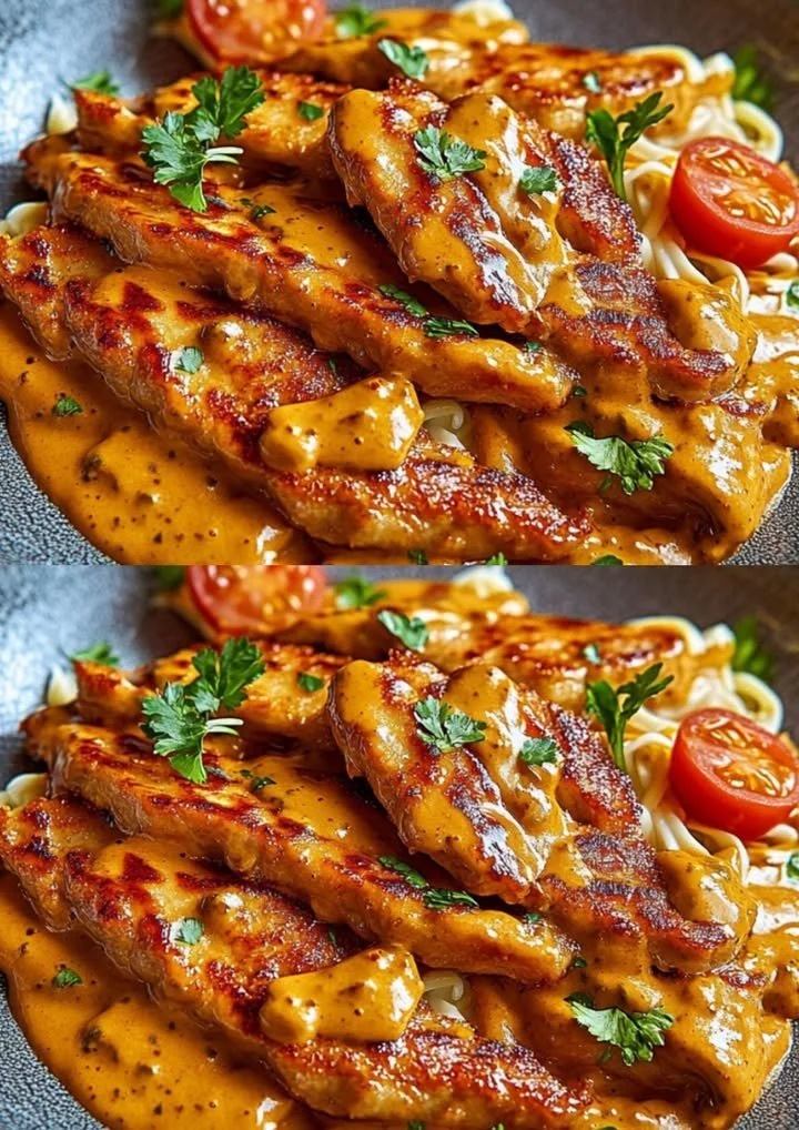 Schnitzeldroom met mosterdroomsaus op een bord, ideaal voor een feestelijke maaltijd.