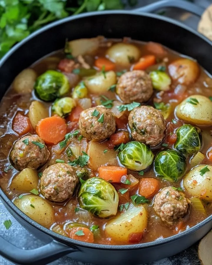 Stoofpotje met spruitjes en gehaktballen, een heerlijke warme maaltijd