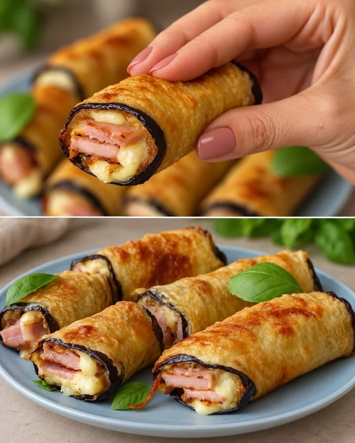Aubergine involtini rolletjes gevuld met smaakvolle ingrediënten.
