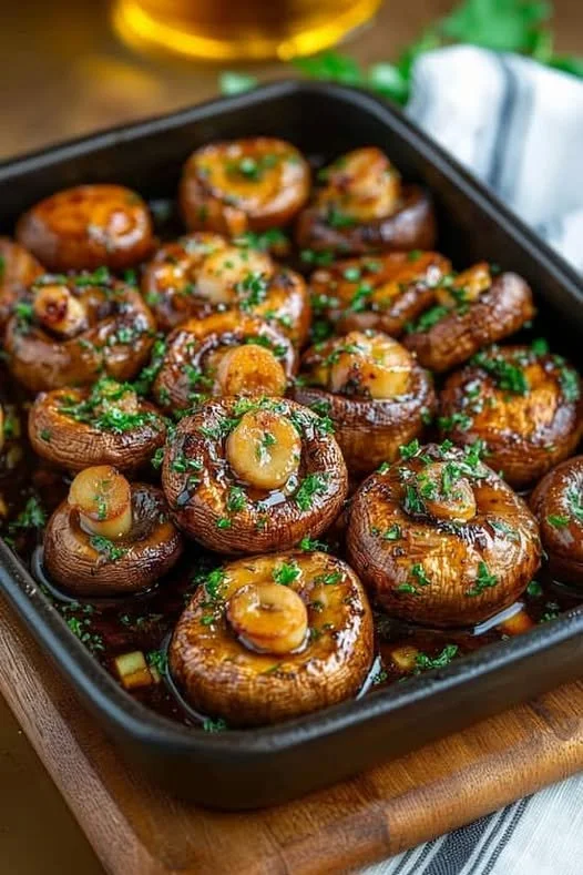 Champignons met honing en knoflook in een pan