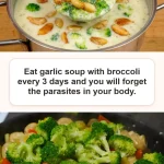 Bowl of easy garlic soup with broccoli, garnished with herbs and served warm.
