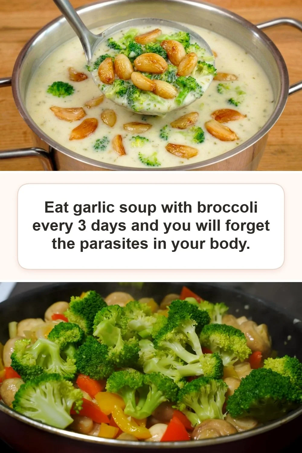 Bowl of easy garlic soup with broccoli, garnished with herbs and served warm.
