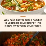 Bowl of easy vegetable soup with noodles garnished with fresh herbs