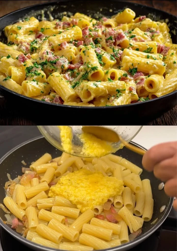 Echte Italiaanse carbonara zoals mijn moeder het maakte, met pastagerecht en ingrediënt.