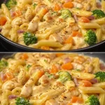 Eenpanpasta met kip en kleurrijke groenten in een pan