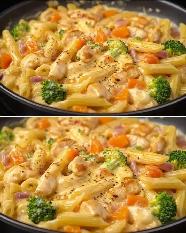 Eenpanpasta met kip en kleurrijke groenten in een pan