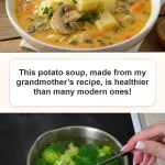 Bowl of creamy Kartoffelsuppe topped with fresh herbs and bread.