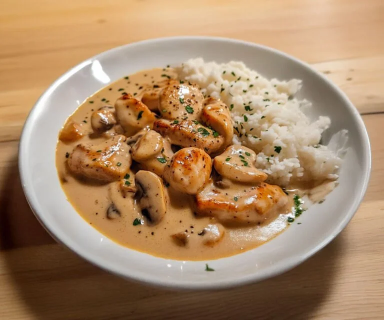 Smaakvolle Kip Stroganoff met romige saus en paddenstoelen.