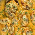 Heerlijk bord Kip Stroganoff met romige saus en champignons