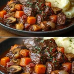 Heerlijk bord Boeuf Bourguignon met groenten en rode wijnsaus