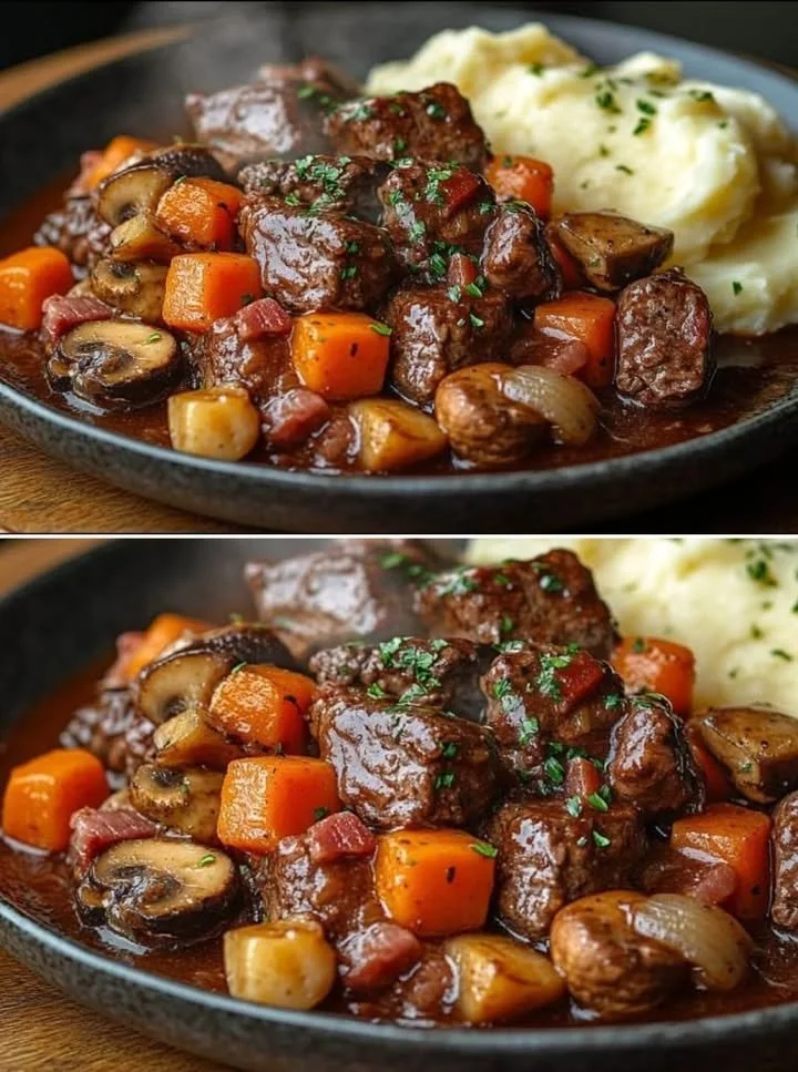 Heerlijk bord Boeuf Bourguignon met groenten en rode wijnsaus
