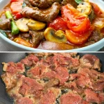 Heerlijk rundvlees met tomaten roerbakgerecht op een bord